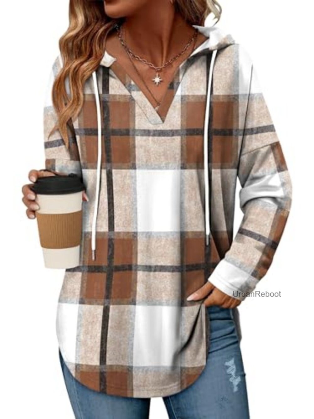 Women's Oversized Plaid Hoodie Pullover Loose Fit Sweatshirt